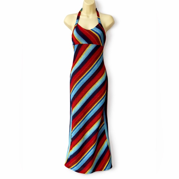 Vintage Le Chateau Y2K Rainbow Stripe Halter Maxi Dress Bodycon Boho XS S - Picture 2 of 7